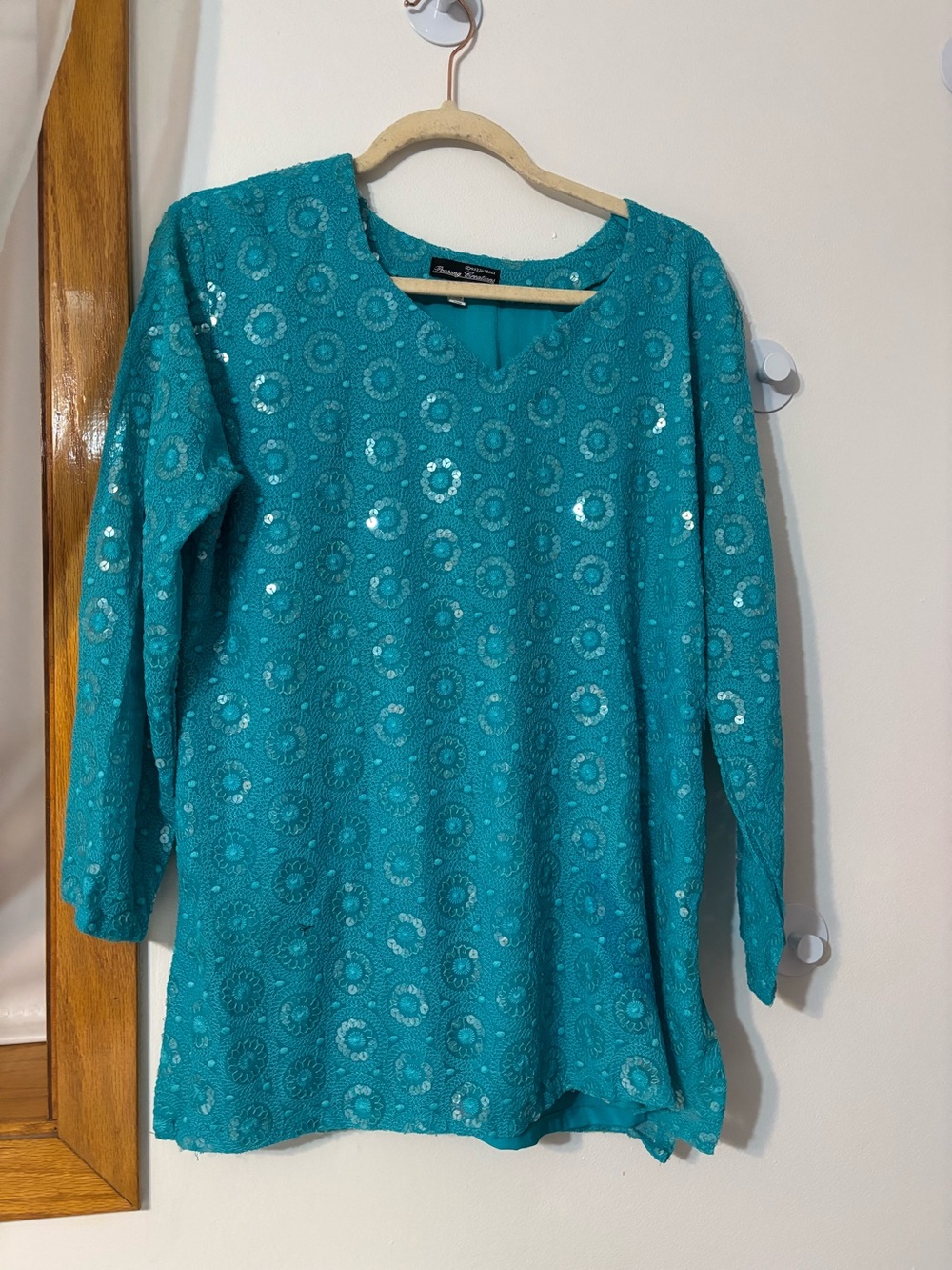 Embellished Teal V-Neck Women's Top